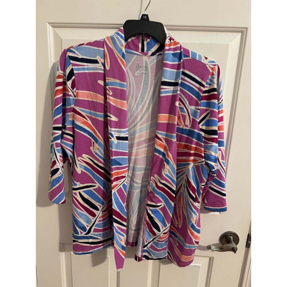 Denim & Co Beach Printed Stretch Jersey 3/4 Sleeve Cardigan Pockets Pink Blue XL